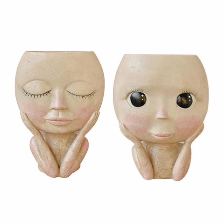 Girl Face Head Figurine Flower Pot Succulent Planting Pots Nordic Flowerpot  |  Resin Ornaments